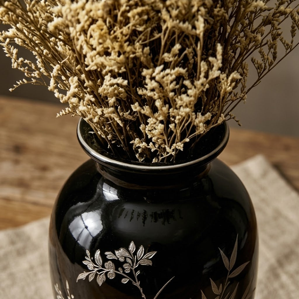 Glossy Black Bamboo and Blossom Urn Vase
