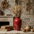 Red Crackle Glaze Ceramic Vase with Dried Floral Arrangement