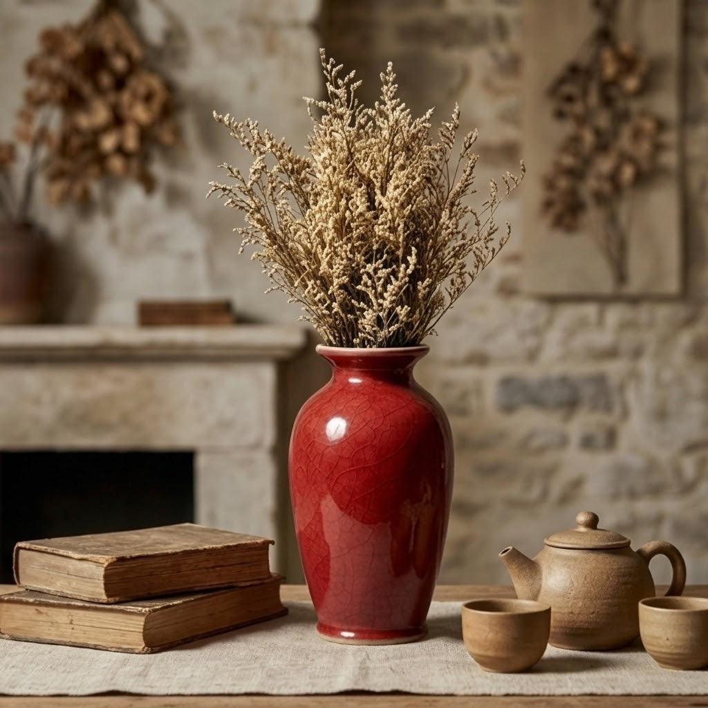 Red Crackle Glaze Ceramic Vase with Dried Floral Arrangement