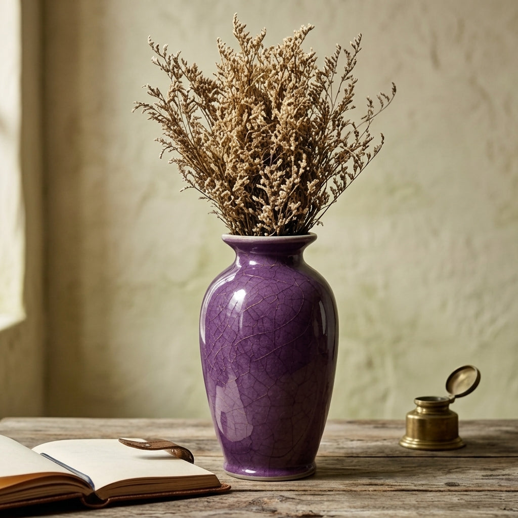 Purple Crackle Ceramic Vase with Dried Floral Arrangement