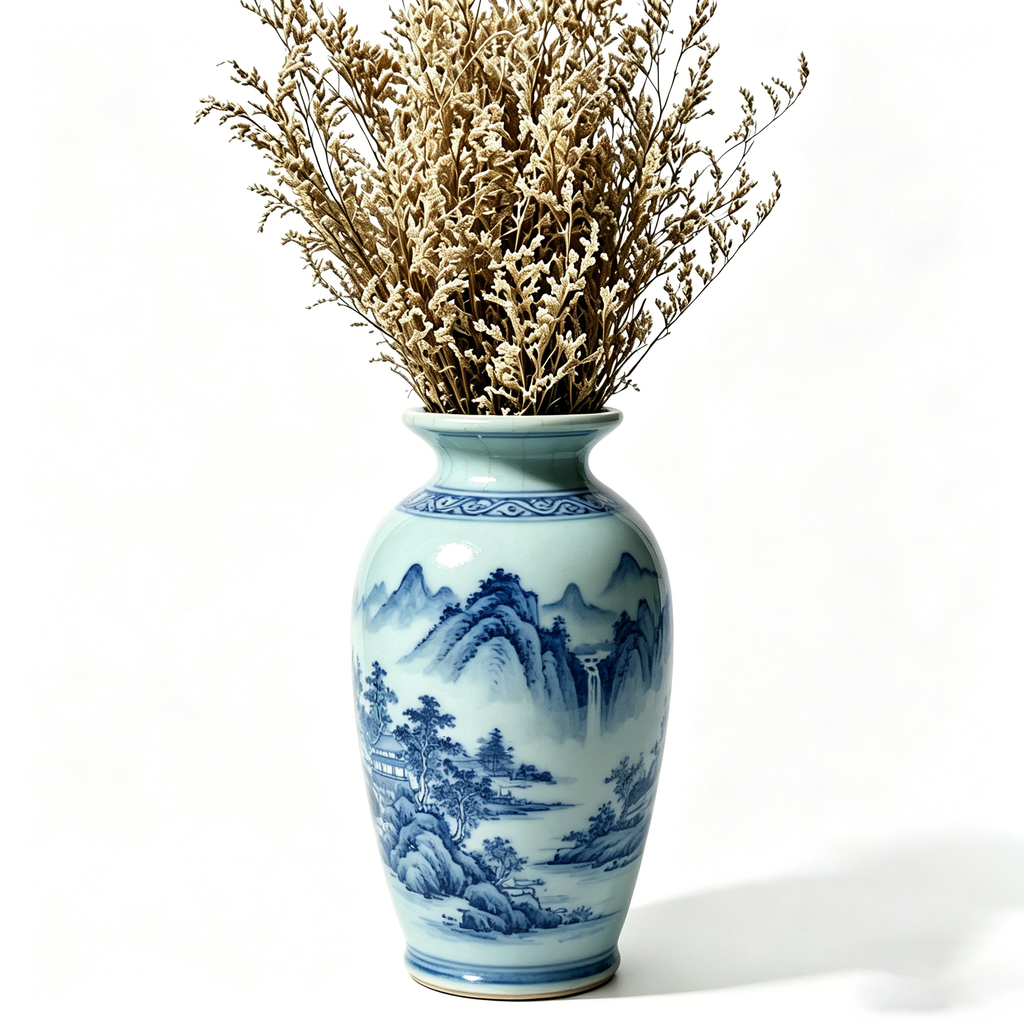 Blue & White Porcelain Vase with Scenic Landscape Design