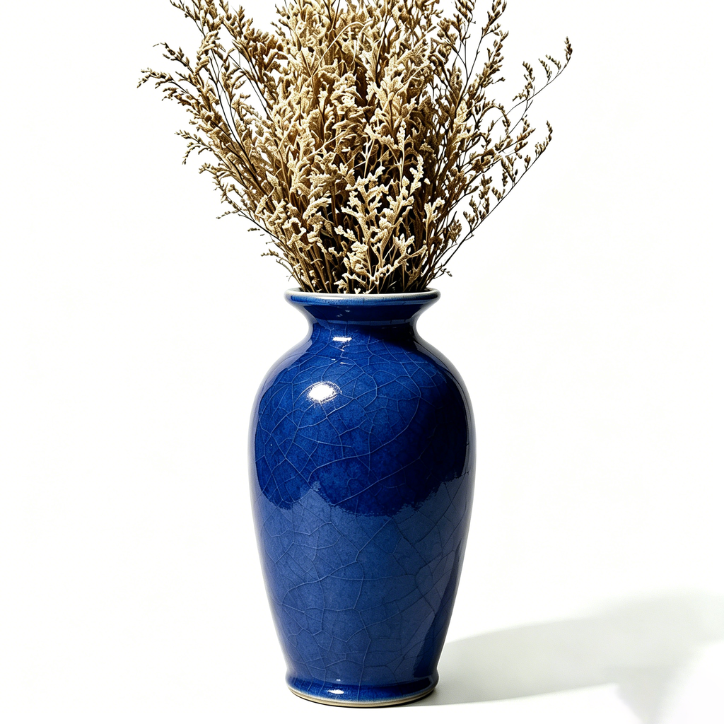 Blue Crackle Ceramic Vase with Dried Floral Arrangement