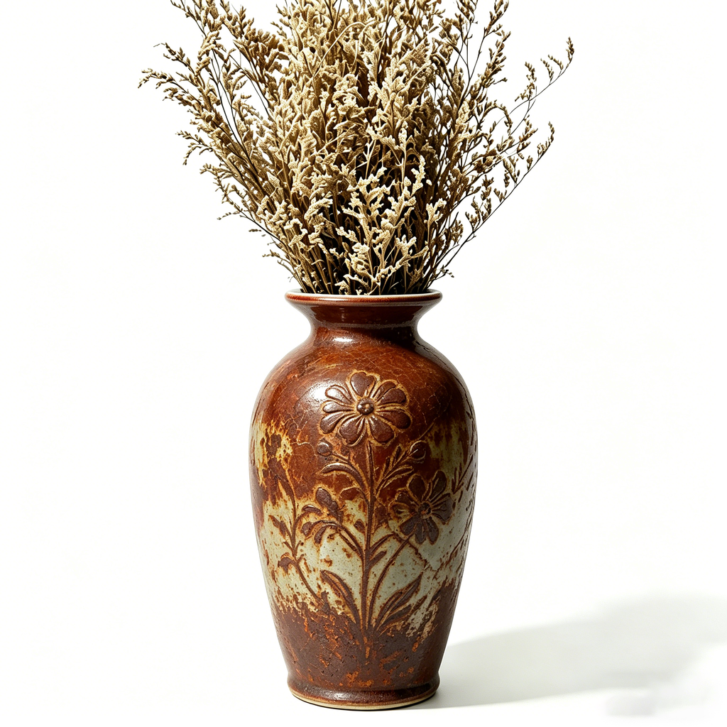 Rustic Earth-Tone Embossed Floral Pottery Vase