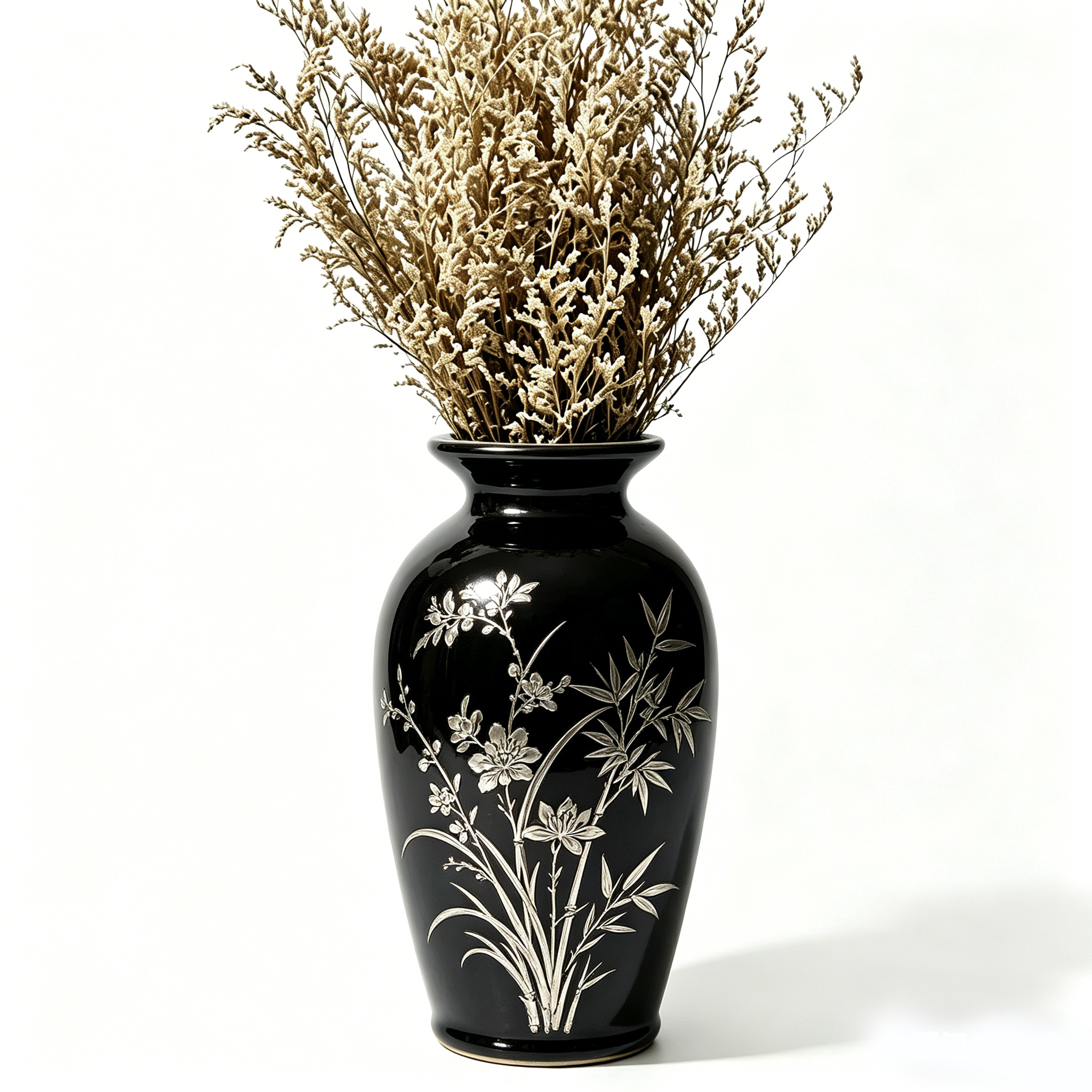 Glossy Black Bamboo and Blossom Urn Vase