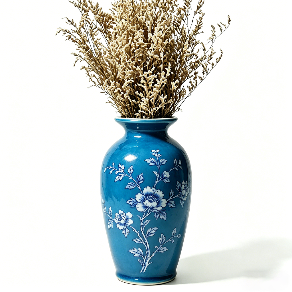 Vibrant Azure and White Floral Urn Vase