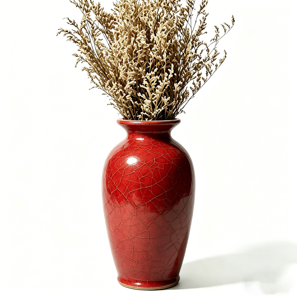 Red Crackle Ceramic Vase with Dried Floral Arrangement