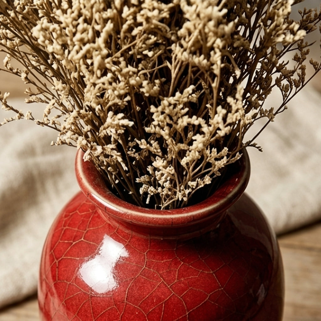 Red Crackle Ceramic Vase with Dried Floral Arrangement