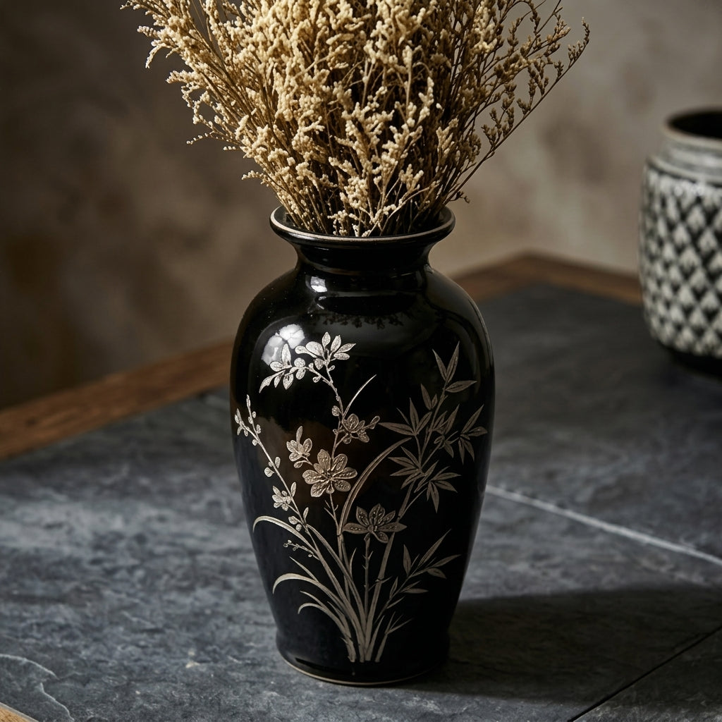 Glossy Black Bamboo and Blossom Urn Vase