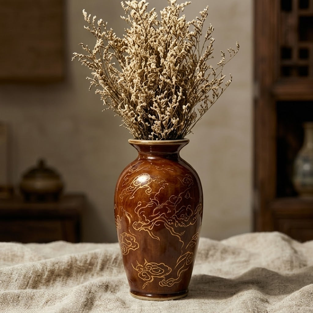 Glossy Amber Etched Cloud Urn Vase