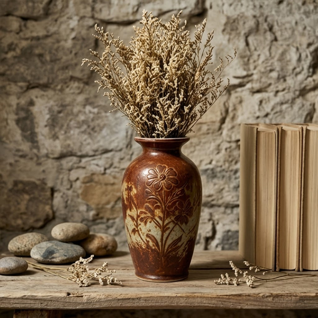 Rustic Earth-Tone Embossed Floral Pottery Vase
