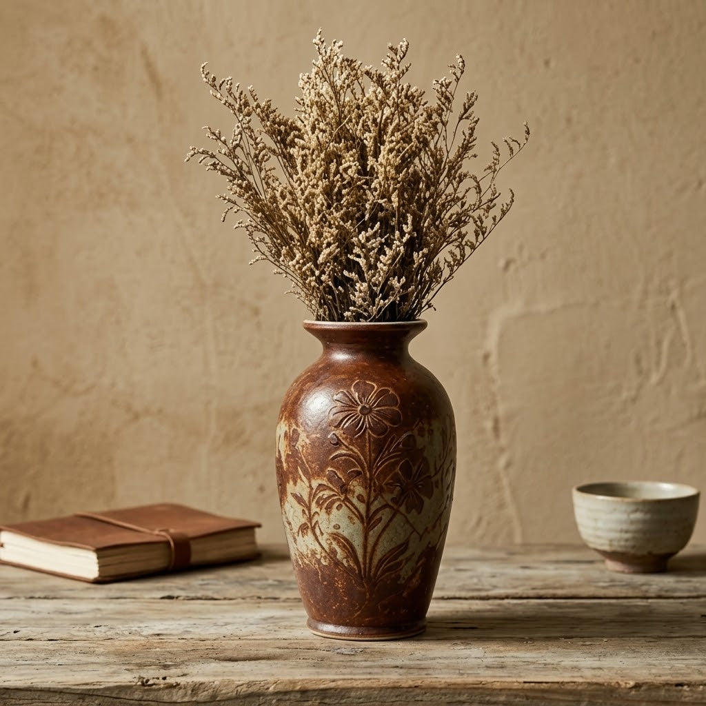 Rustic Earth-Tone Embossed Floral Pottery Vase
