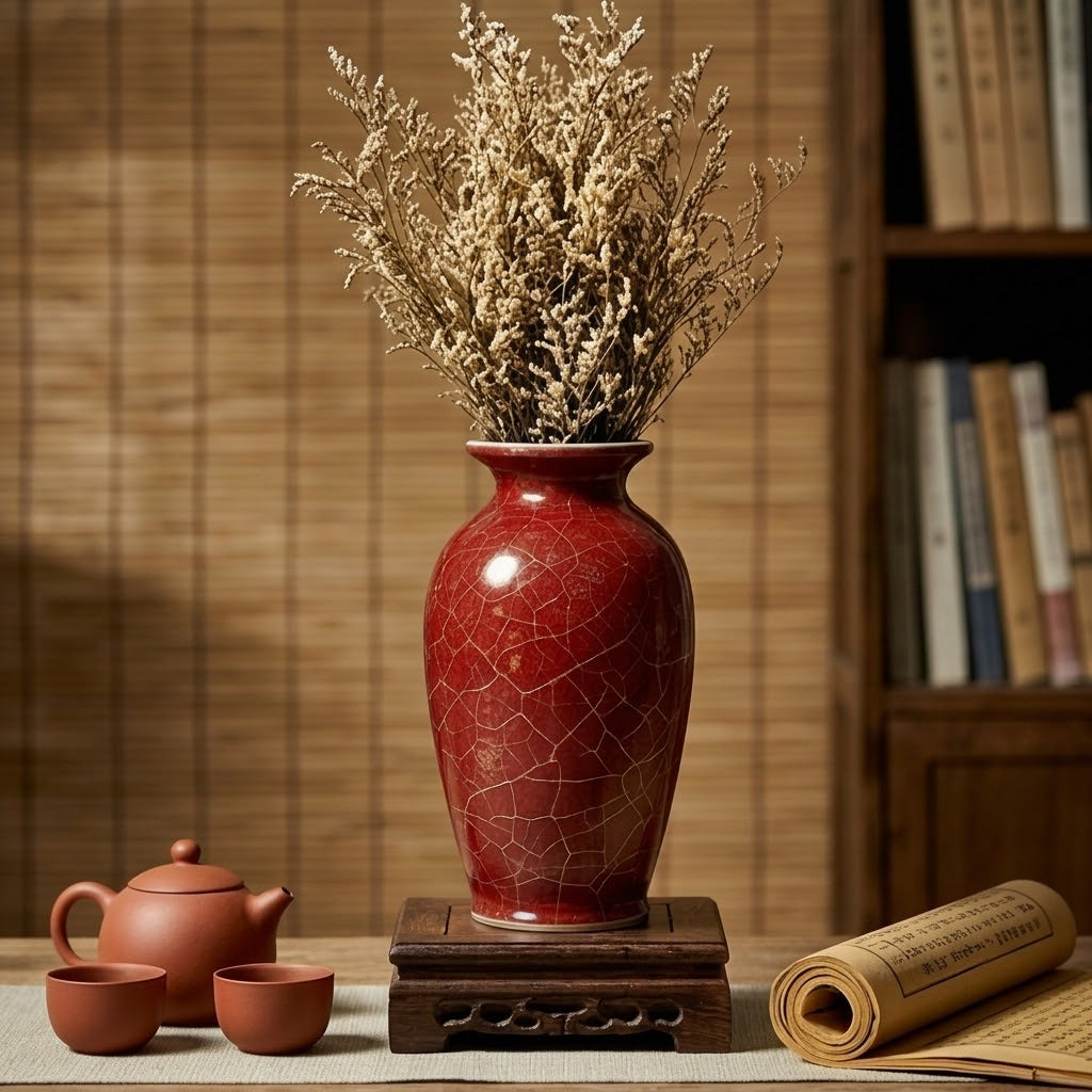 Glossy Crimson Crackle Glaze Urn Vase