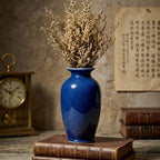 Blue Crackle Ceramic Vase with Dried Floral Arrangement