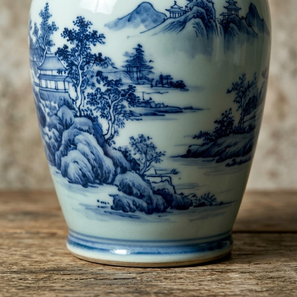 Blue & White Porcelain Vase with Scenic Landscape Design