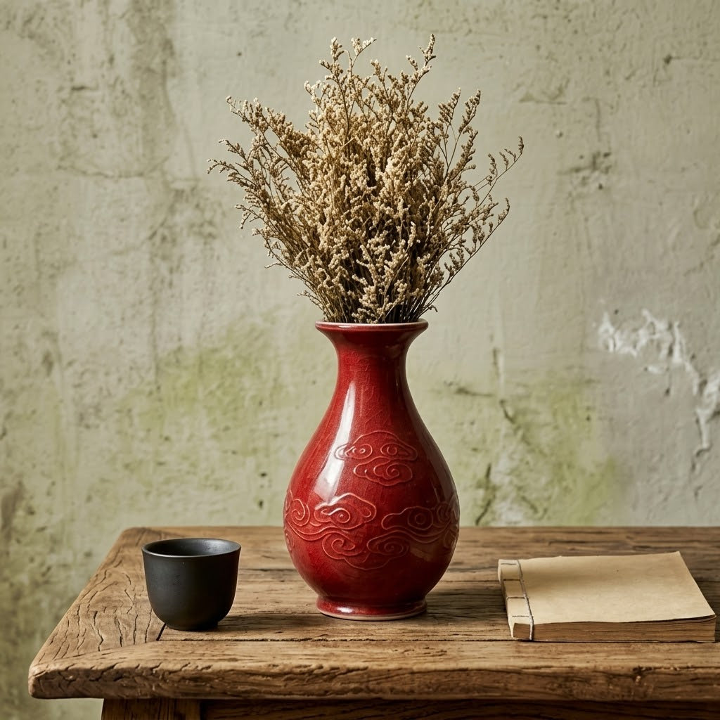 Glossy Crimson Etched Cloud Vase