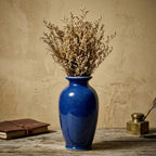 Blue Crackle Ceramic Vase with Dried Floral Arrangement
