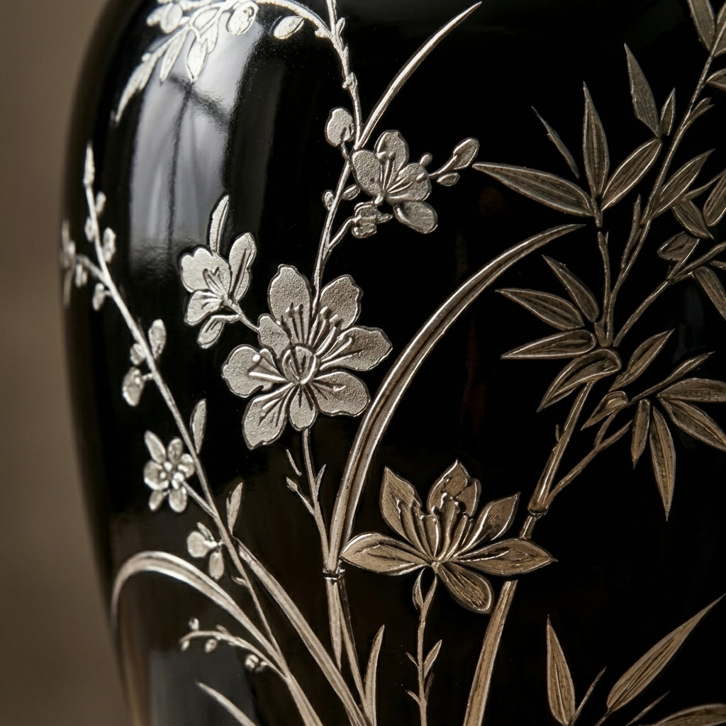 Glossy Black Bamboo and Blossom Urn Vase