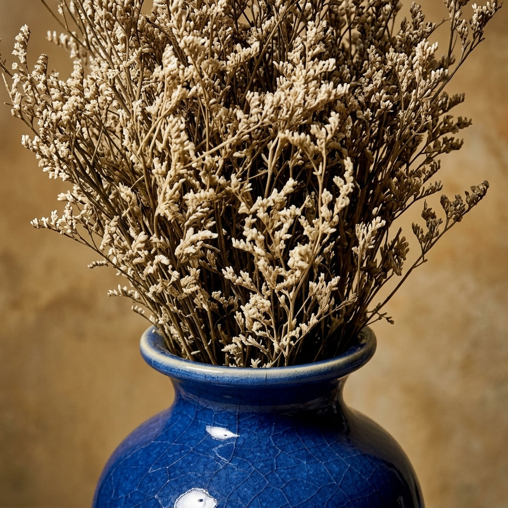 Blue Crackle Ceramic Vase with Dried Floral Arrangement