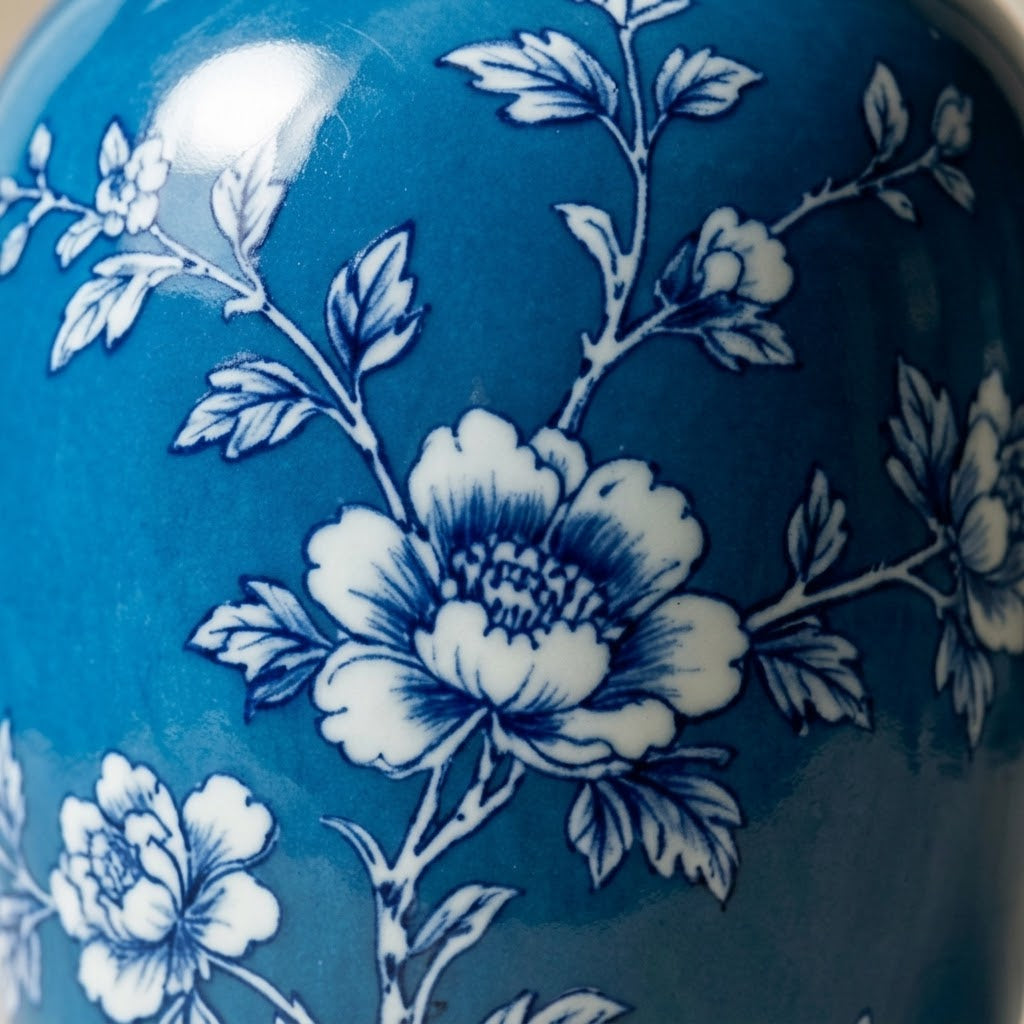 Vibrant Azure and White Floral Urn Vase