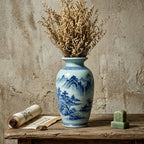 Blue & White Porcelain Vase with Scenic Landscape Design