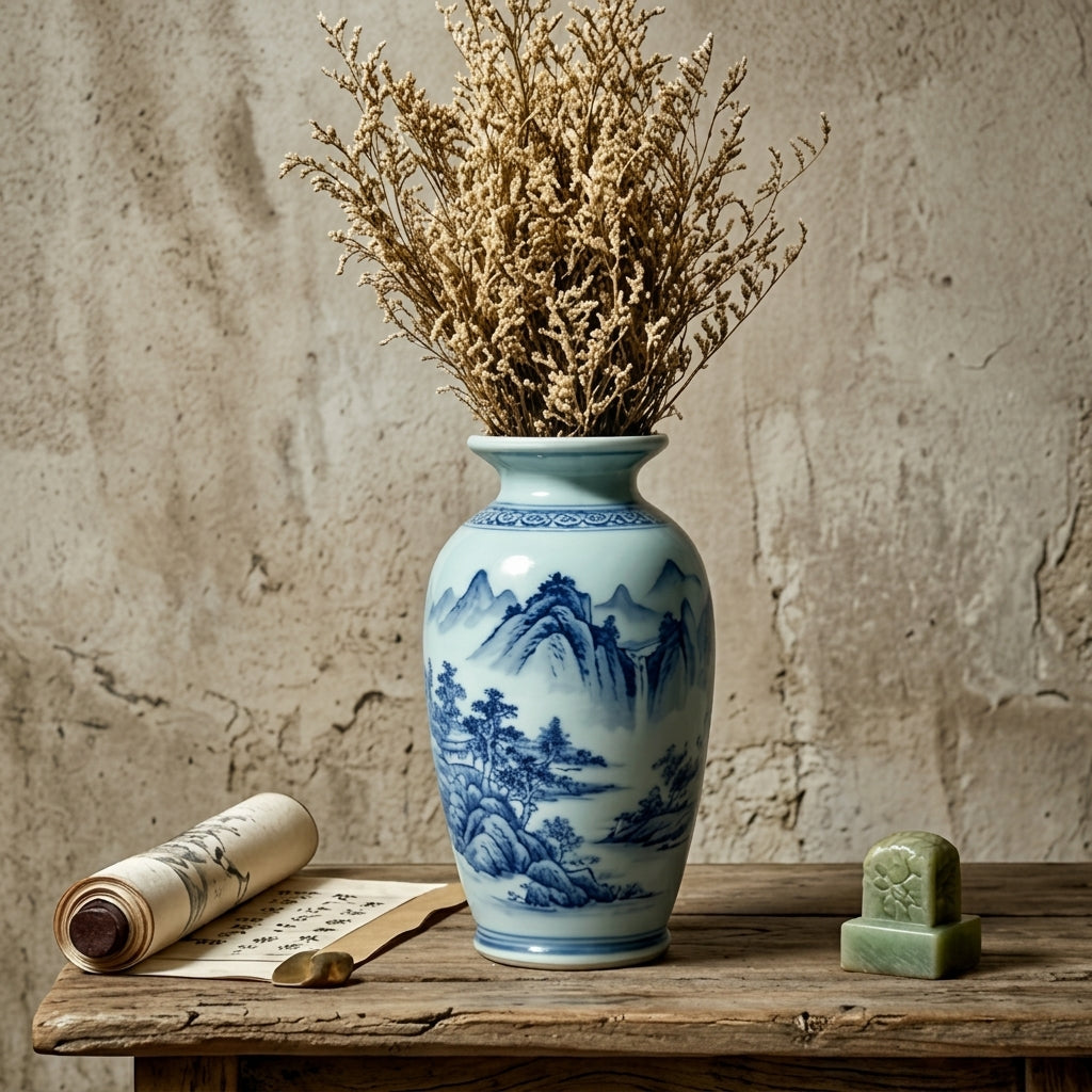 Blue & White Porcelain Vase with Scenic Landscape Design