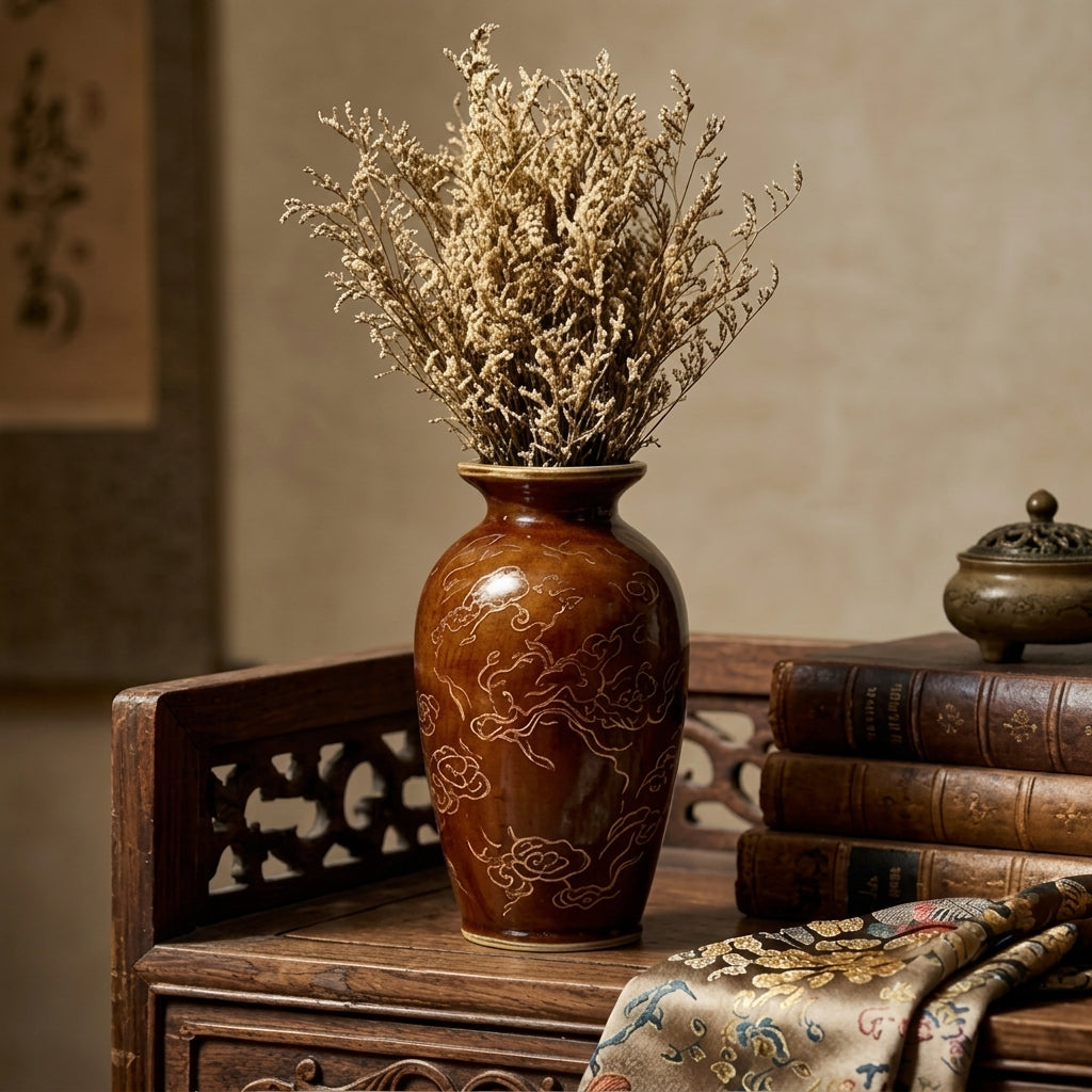 Glossy Amber Etched Cloud Urn Vase