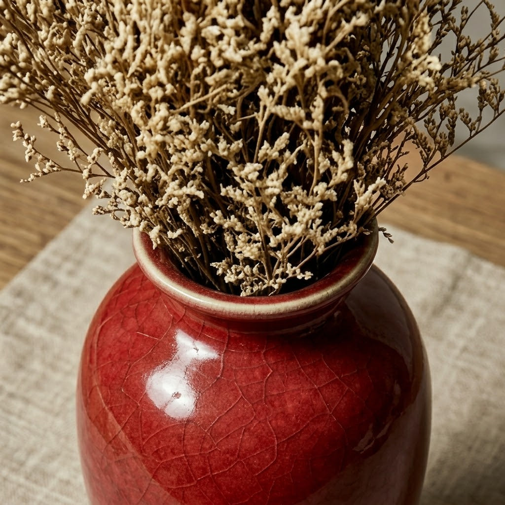 Red Crackle Glaze Ceramic Vase with Dried Floral Arrangement