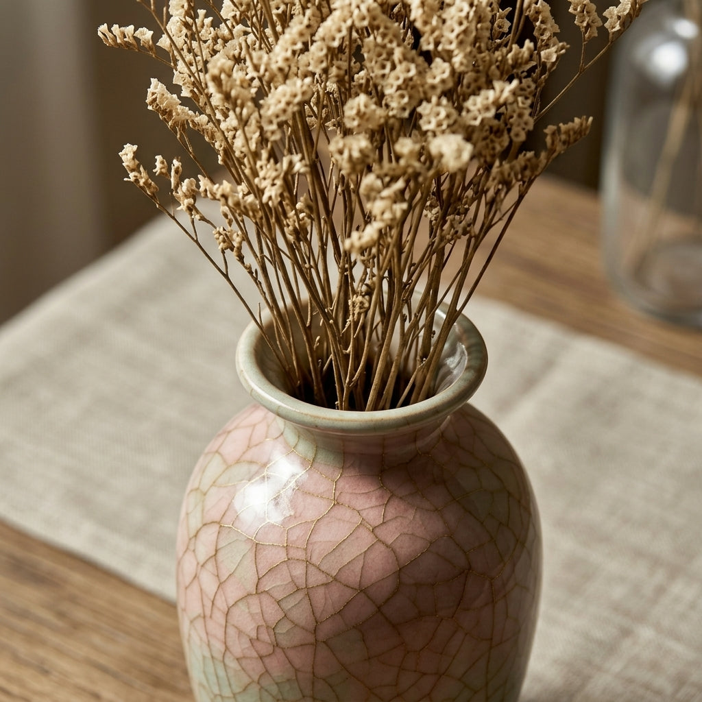 Pink & Mint Gradient Ceramic Vase with Dried Floral Arrangement