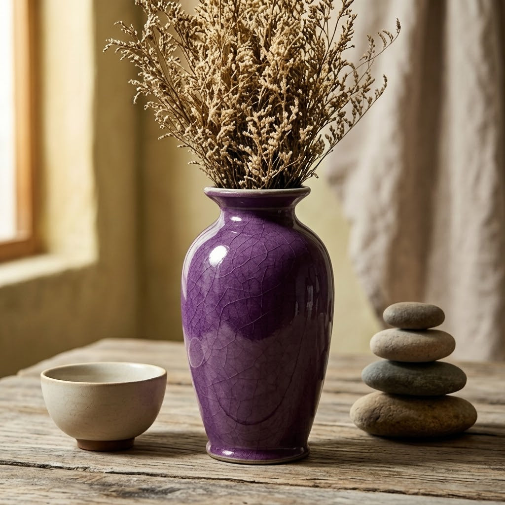 Purple Crackle Ceramic Vase with Dried Floral Arrangement