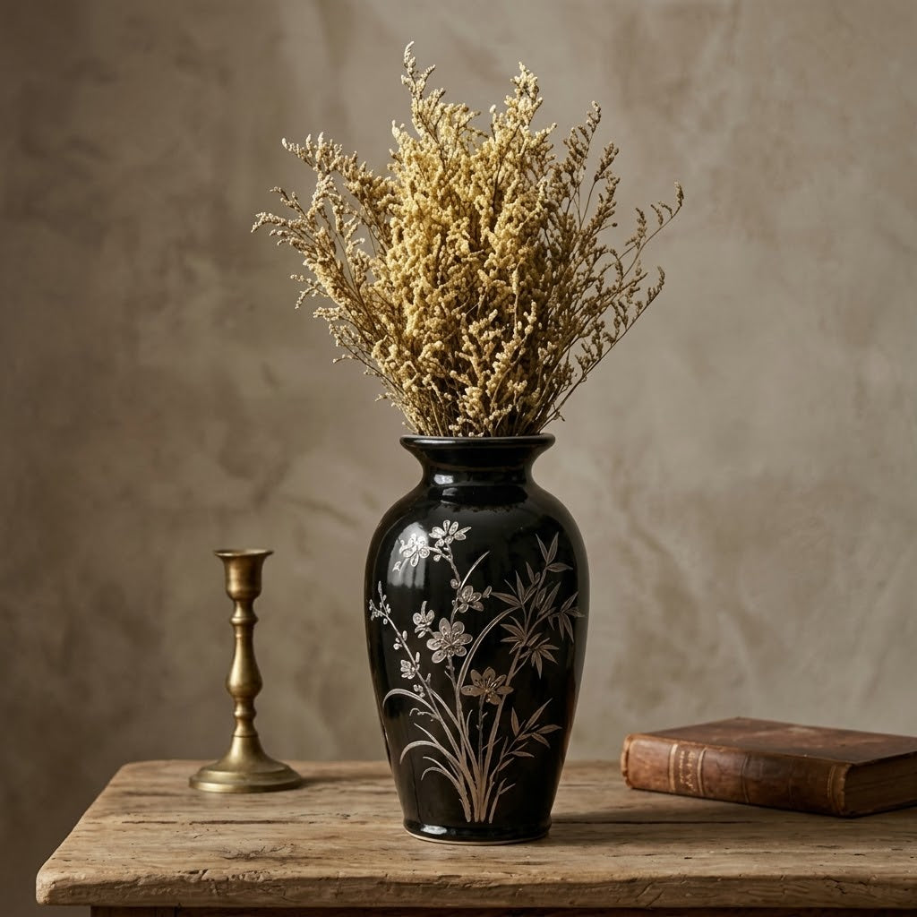 Glossy Black Bamboo and Blossom Urn Vase