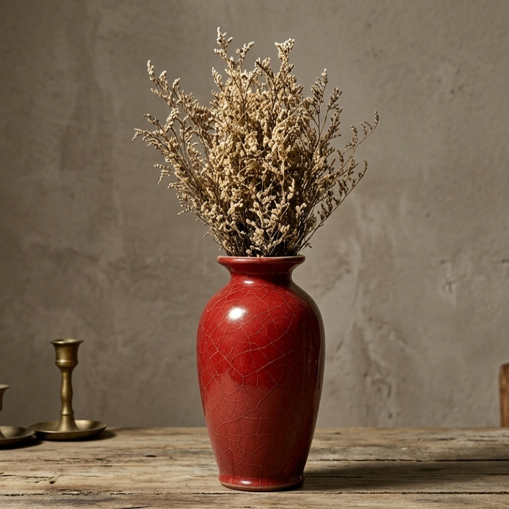 Red Crackle Ceramic Vase with Dried Floral Arrangement