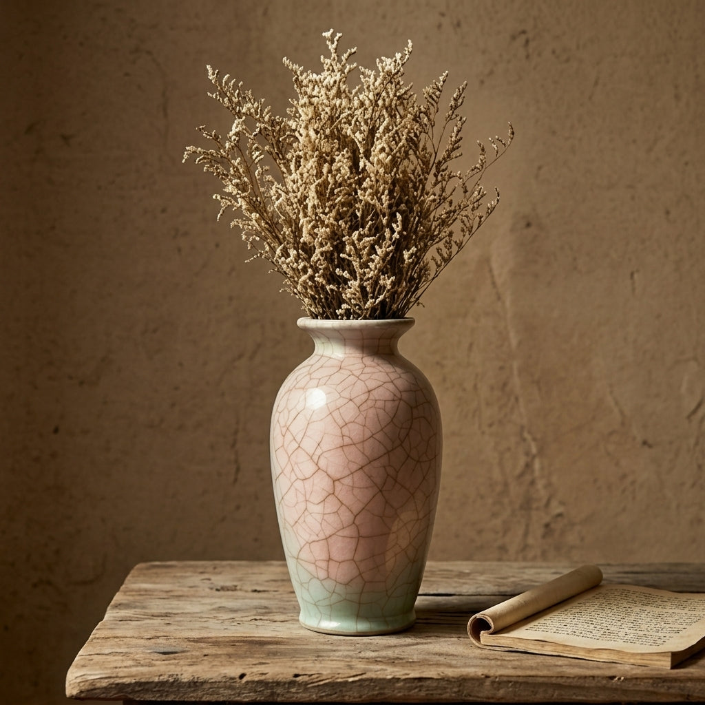Pink & Mint Gradient Ceramic Vase with Dried Floral Arrangement