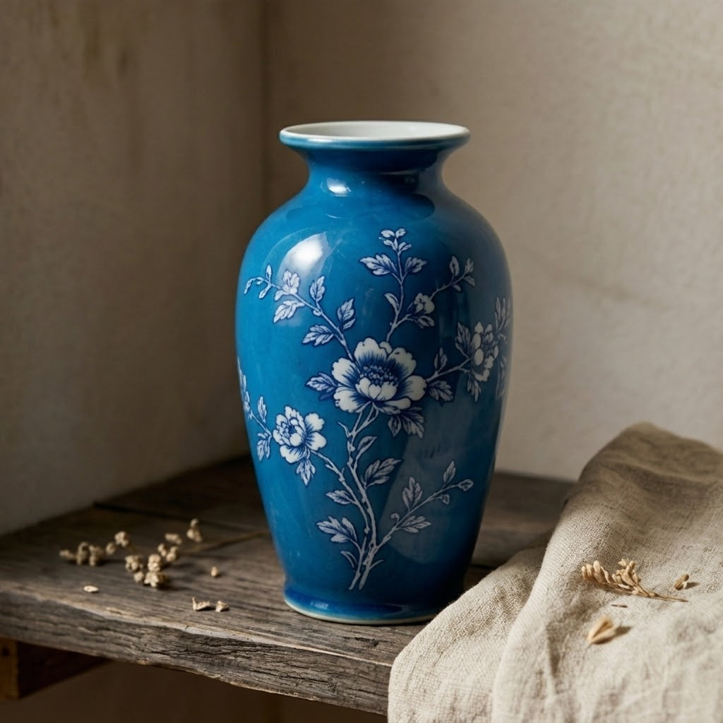Vibrant Azure and White Floral Urn Vase
