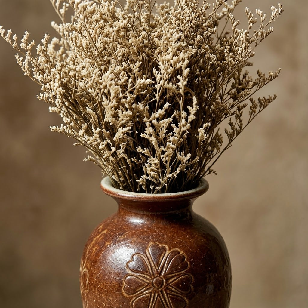 Rustic Earth-Tone Embossed Floral Pottery Vase