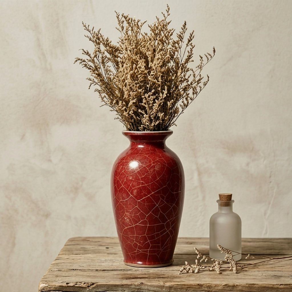 Glossy Crimson Crackle Glaze Urn Vase